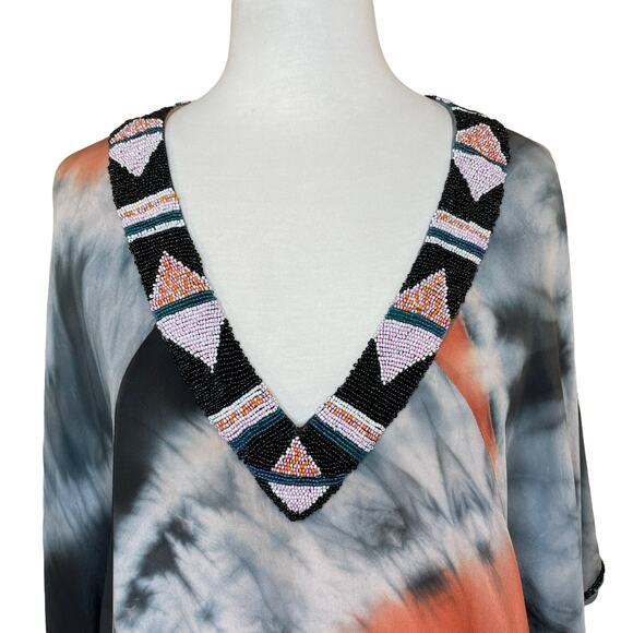 Chelsea Flower XS Tunic 100% Silk Beaded Oversized Top Resort Boho Quiet Luxury - Picture 2 of 13